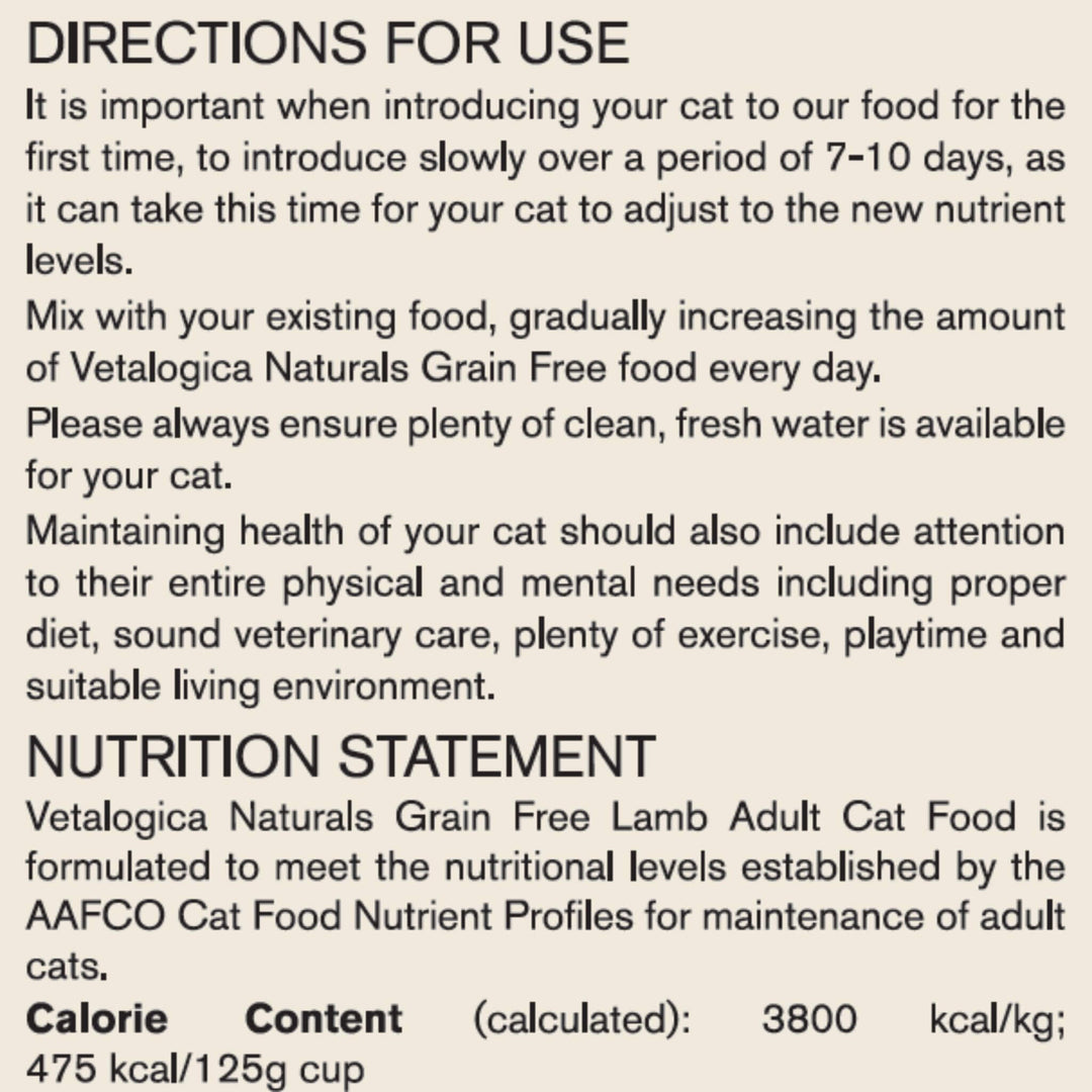 4 x 100g Vetalogica Naturals Grain Free Lamb Adult Cat Food SAMPLES