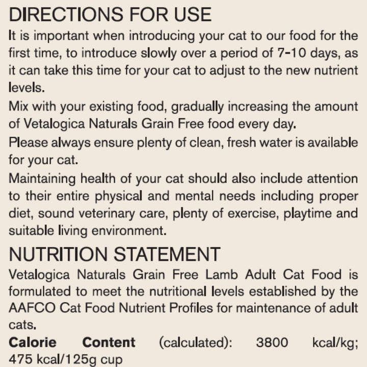 Bundle Pack of 2 x Vetalogica Naturals Grain Free Lamb Adult Cat Food 3kg