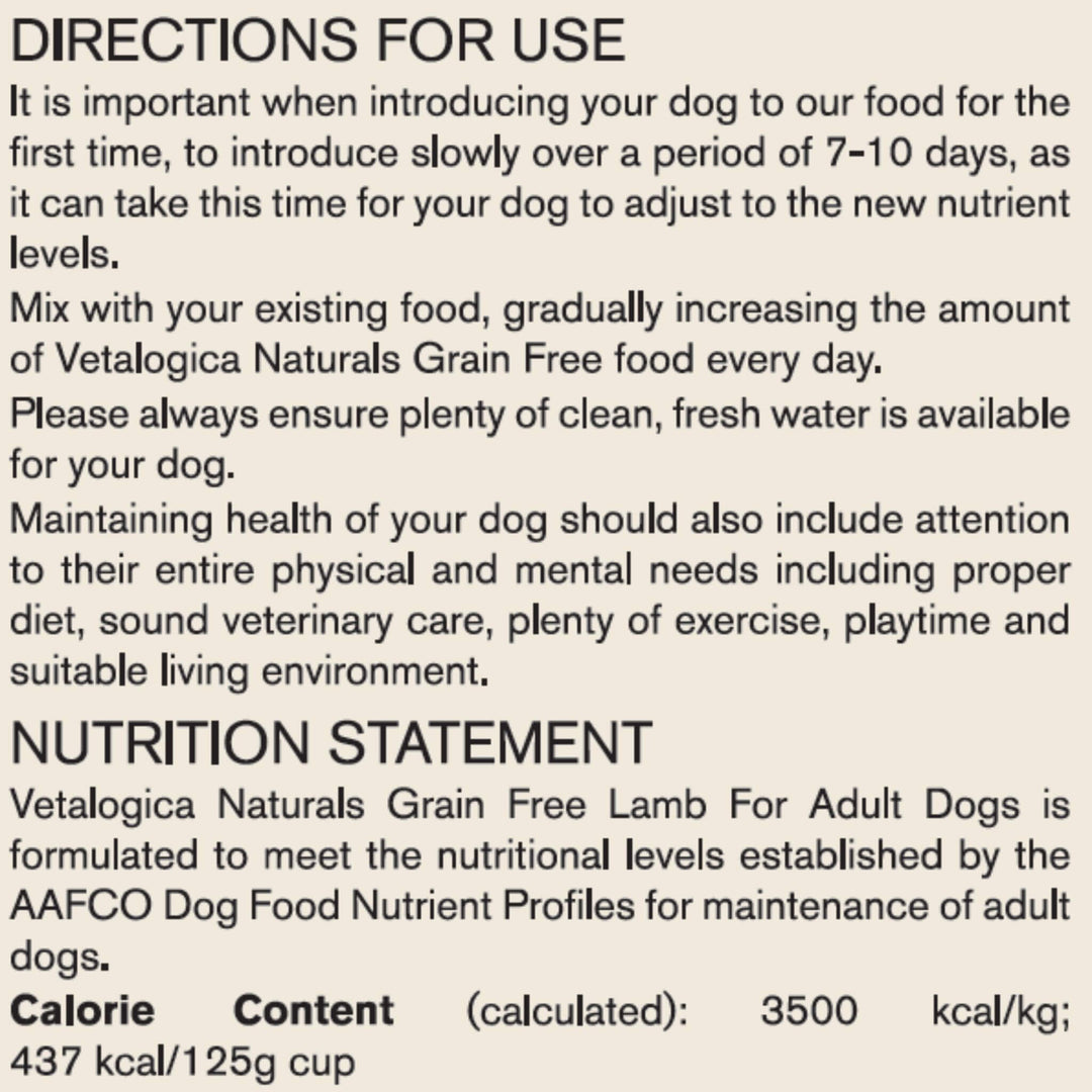 Bundle Pack of 2 x  Vetalogica Naturals Grain Free Lamb Adult Dog Food 3kg