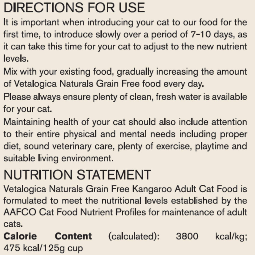 4x 100g Vetalogica Naturals Grain Free Kangaroo Adult Cat Food SAMPLES