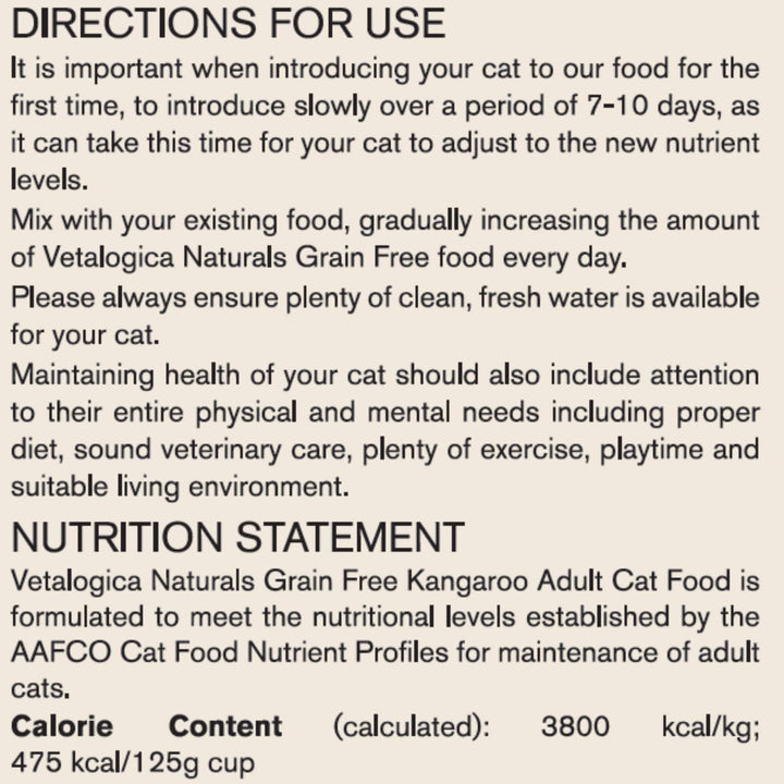 Bundle Pack of 2 x Vetalogica Naturals Grain Free Kangaroo Adult Cat Food 3kg